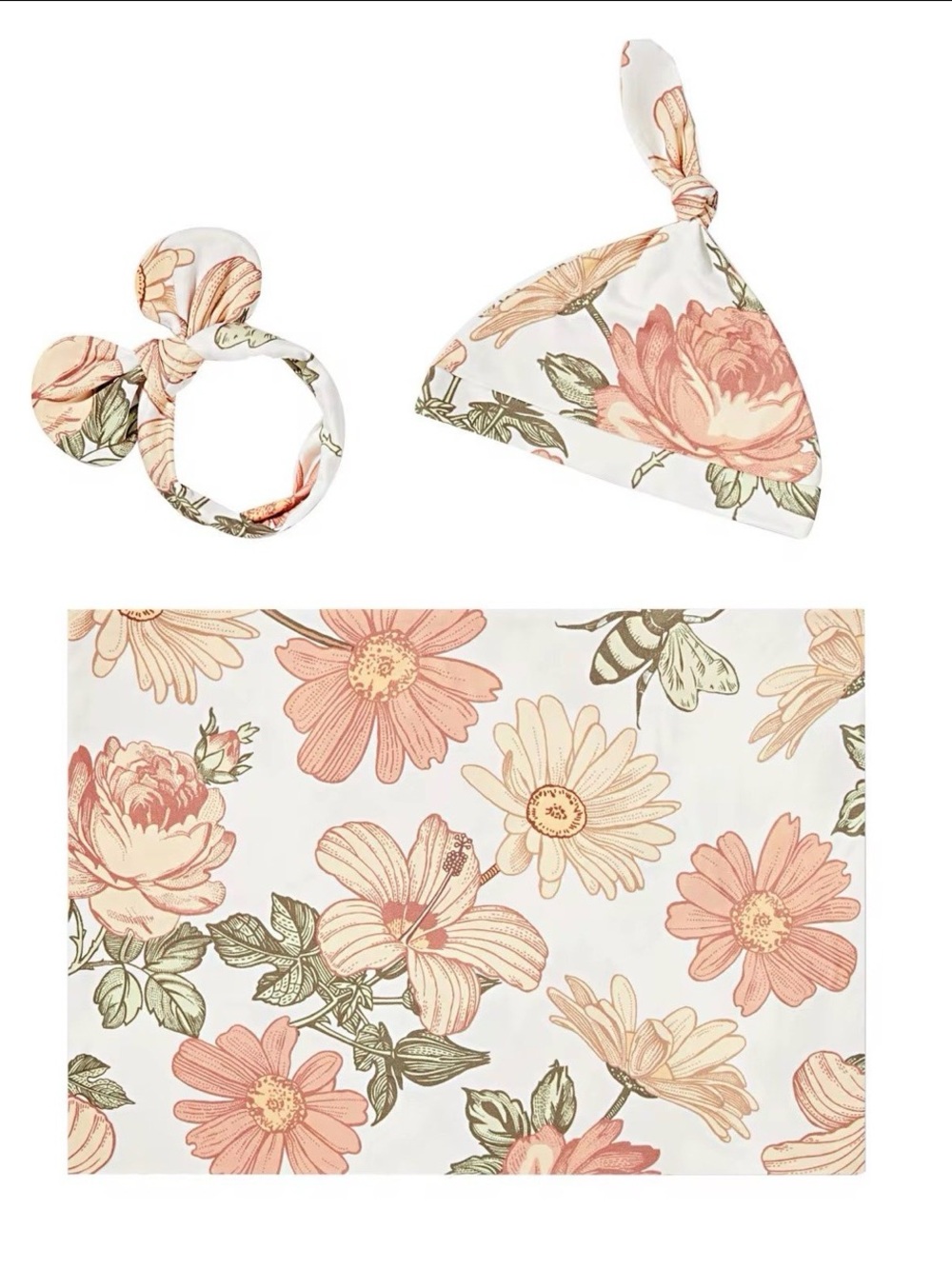3-Piece Newborn Swaddle Set | Knotted Hat & Bow Headband | Vintage Garden Floral